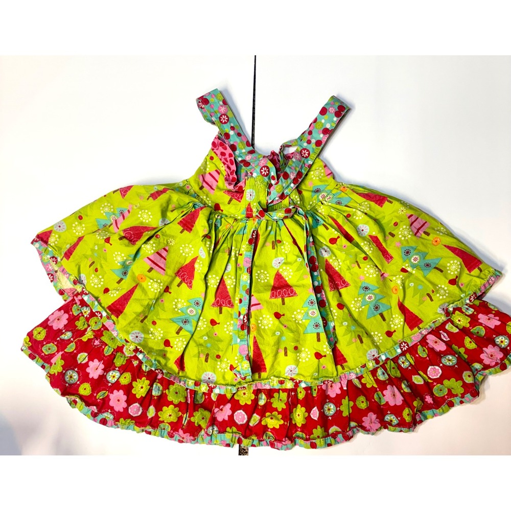 Jelly the Pug Girls 4T Sundress Christmas Trees Floral Ruffle Tiered Whimsical